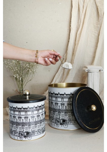 Şehir Desenli Metal Saklama Kabı Seti 2'li 2,1 ve 4,1 Litre Siyah Renk