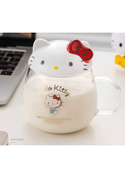 Sevimli Hello Kitty Anime Figürlü 400ML Cam Bardak Seti, Kapak ve Kaşık ile Birlikte