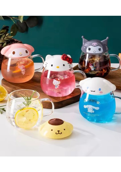 Sevimli Hello Kitty Anime Figürlü 400ML Cam Bardak Seti, Kapak ve Kaşık ile Birlikte indirimleri