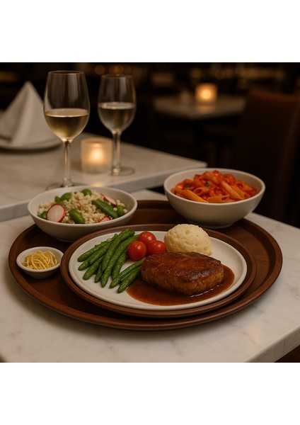 Ahşap Desenli Yuvarlak Tepsi 43 Cm, Kaymaz ve Şık Sunum Için Ideal