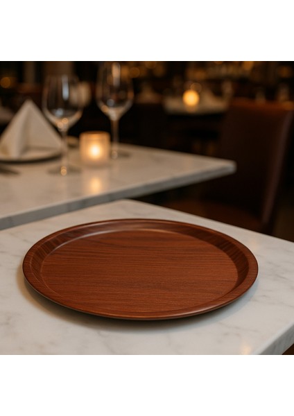 Ahşap Desenli Yuvarlak Tepsi 43 Cm, Kaymaz ve Şık Sunum Için Ideal fiyatları