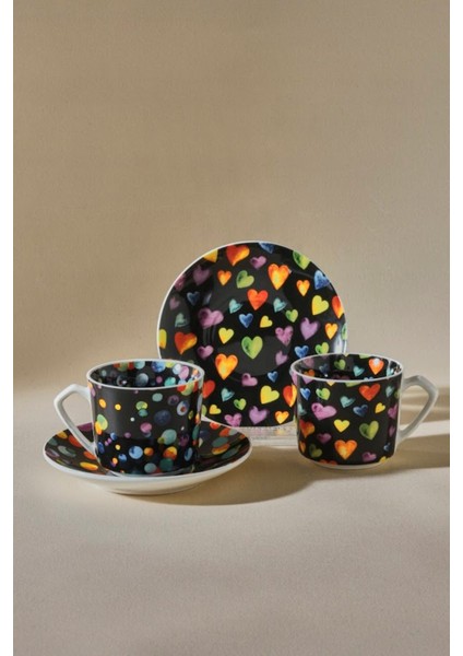Iki Kişilik Yuvarlak ve Kalp Desenli 80 ml Kahve Fincanı Siyah