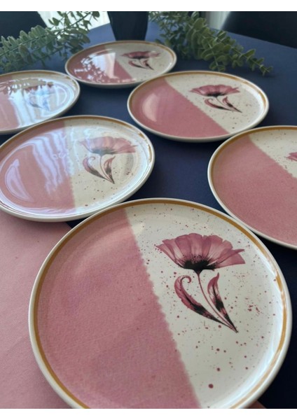 Pembe Gelincik Desenli 6'lı Pasta ve Servis Tabağı Seti fiyatları