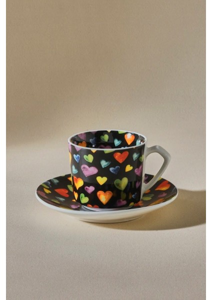 Iki Kişilik Yuvarlak ve Kalp Desenli 80 ml Kahve Fincanı Siyah modelleri