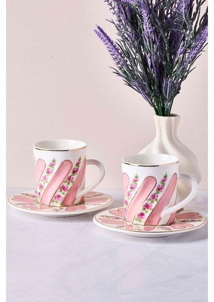 Pembe 2 Kişilik 4 Parça Porselen Kahve Takımı, Şık ve Zarif Tasarım