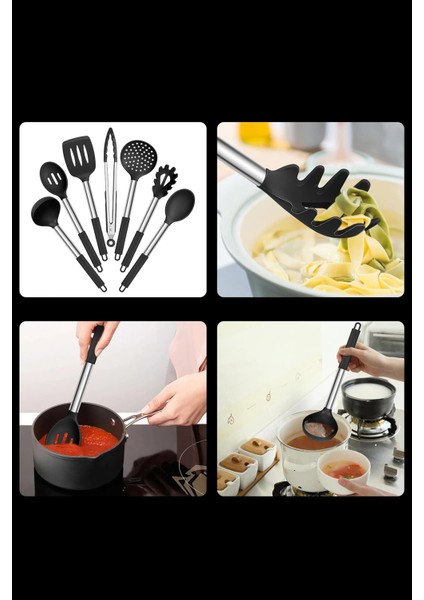 7 Parça Isıya Dayanıklı Silikon Servis Seti, Yanmaz ve Yapışmaz, Siyah indirimleri