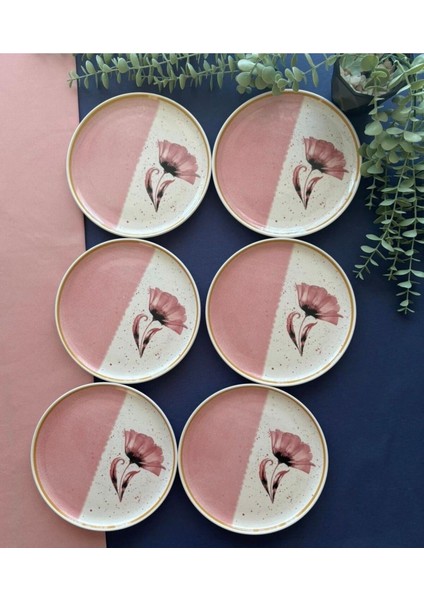 Pembe Gelincik Desenli 6'lı Pasta ve Servis Tabağı Seti