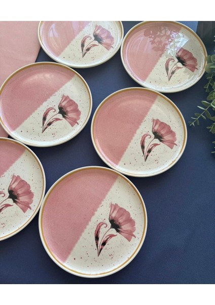 Pembe Gelincik Desenli 6'lı Pasta ve Servis Tabağı Seti modelleri