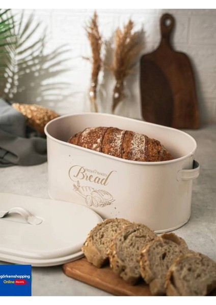 Şık Metal Büyük Boy Kapaklı Desenli Ekmeklik, Krem Renk
