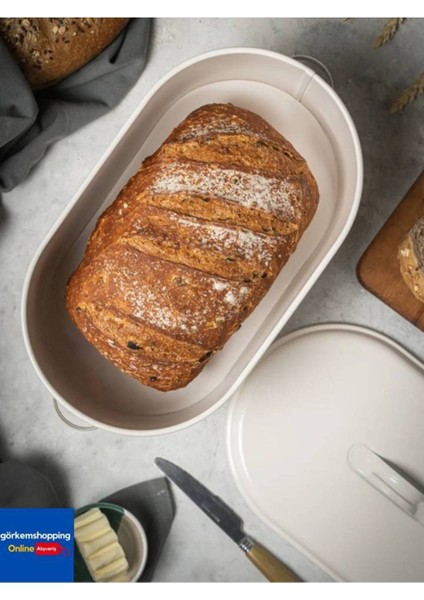 Şık Metal Büyük Boy Kapaklı Desenli Ekmeklik, Krem Renk fiyatları