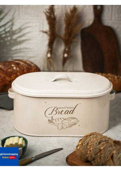 Şık Metal Büyük Boy Kapaklı Desenli Ekmeklik, Krem Renk modelleri