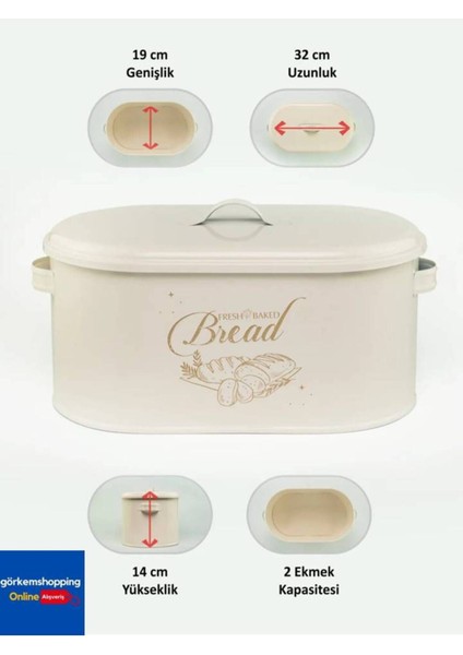 Şık Metal Büyük Boy Kapaklı Desenli Ekmeklik, Krem Renk fırsatları