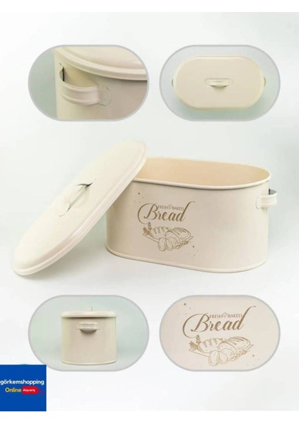Şık Metal Büyük Boy Kapaklı Desenli Ekmeklik, Krem Renk indirimleri