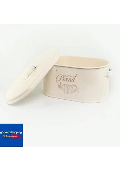 Şık Metal Büyük Boy Kapaklı Desenli Ekmeklik, Krem Renk
