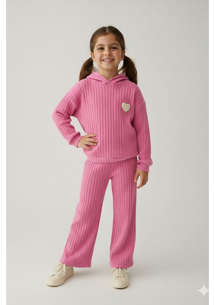 Kalp Panç Işlemeli Fitilli Kız Çocuk Mevsimlik takım - Pembe