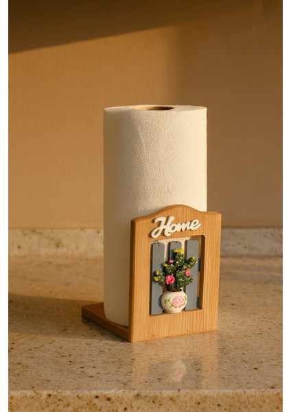 Ahşap Kağıt Havlu Tutucu – Çiçek Vazolu ve “home” Yazılı Dekoratif Mutfak Aksesuarı BR-6627