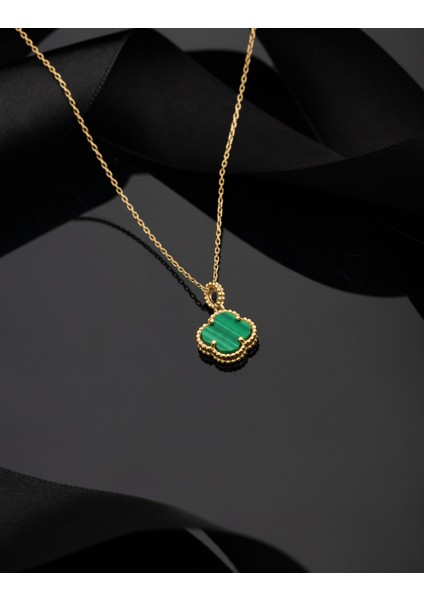 925 Ayar Yeşil Kaplangözü Taşlı Gold Yonca Gümüş Kolye