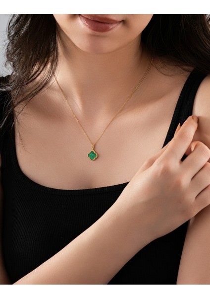 925 Ayar Yeşil Kaplangözü Taşlı Gold Yonca Gümüş Kolye fiyatları