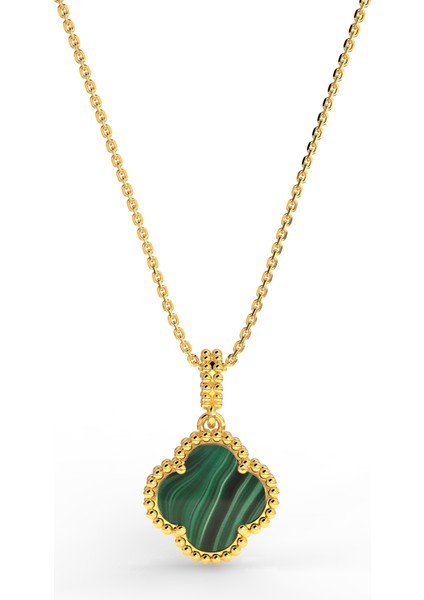 925 Ayar Yeşil Kaplangözü Taşlı Gold Yonca Gümüş Kolye modelleri