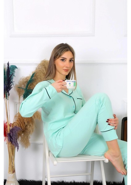 Kadın Pamuk Penye Önden Düğmeli Uzun Kol Su Yeşili Pijama Takım fiyatları