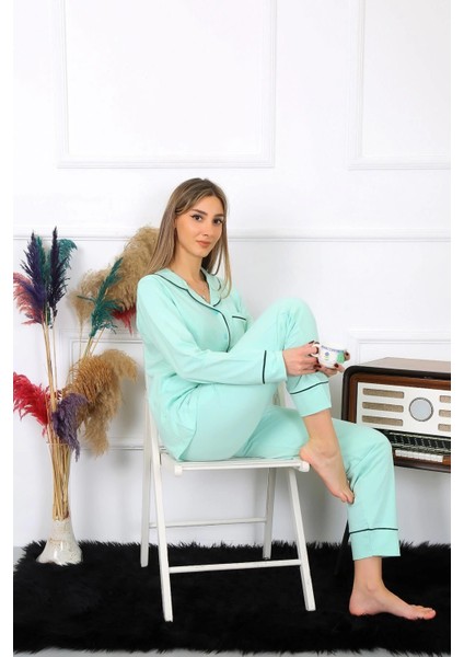 Kadın Pamuk Penye Önden Düğmeli Uzun Kol Su Yeşili Pijama Takım fırsatları
