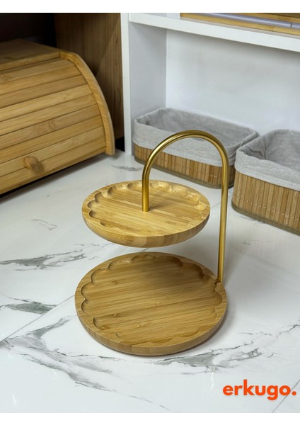 Bambu 2 Katlı Sunum Standı, Dekoratif Çift Katlı Sunum Seti, Papatya Altın modelleri