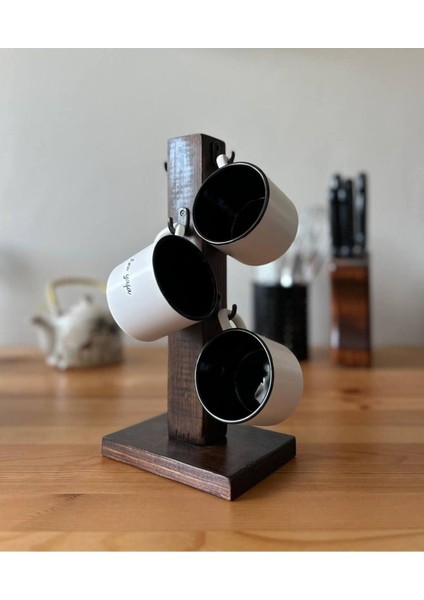 Ahşap Fincan Askılığı 6'lı, Hazır Monte, 30 Cm, Kahverengi, 6 Kancalı