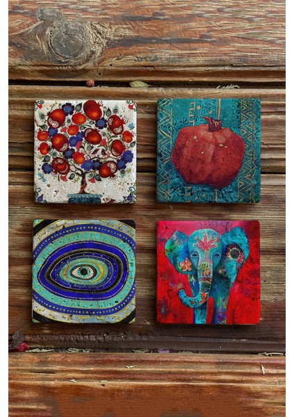 Şık 4'lü Taş Bardak Altlığı Seti, Nar Ağacı, Fil ve Nazar Göz Motifleriyle