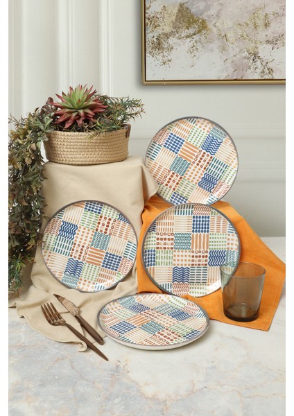 Çok Renkli Etnik Hitit Pasta Tabağı 20 cm 4'lü Set