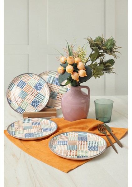 Çok Renkli Etnik Hitit Pasta Tabağı 20 cm 4'lü Set modelleri