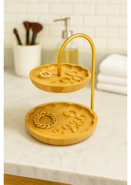Bambu 2 Katlı Sunum Standı, Dekoratif Çift Katlı Set, Papatya Altın Detaylı