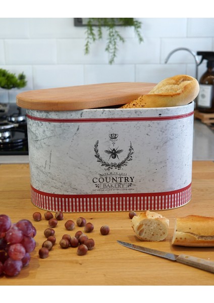 Ahşap Kapaklı Ekmeklik, Country Bakery Desenli, 11 Lt, Mor Renkli