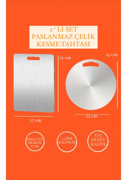 Paslanmaz Çelik Kesme Tahtası Çift Seti 25X25 ve 17X25 Cm, Dayanıklı ve Şık Tasarım
