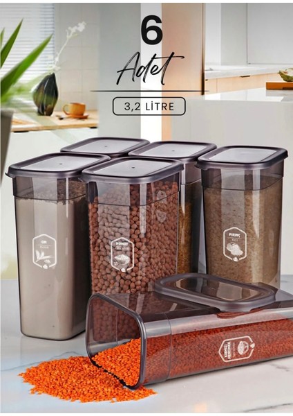 6'lı Gri Dikdörtgen Saklama Kabı Seti 3200ML, Çay ve Şeker Için Ideal