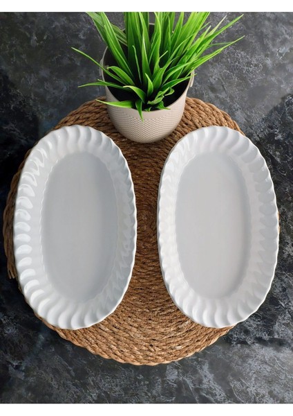 Iki Kişilik Seramik Kayık Tabak Seti, Sunum ve Salata Tabağı, 25X15X4CM, Beyaz