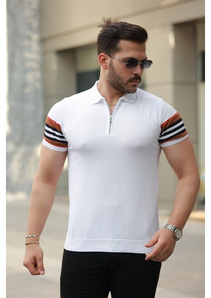 Erkek Fermuar Yakalı Kolları Desenli Kısa Kollu Tişört