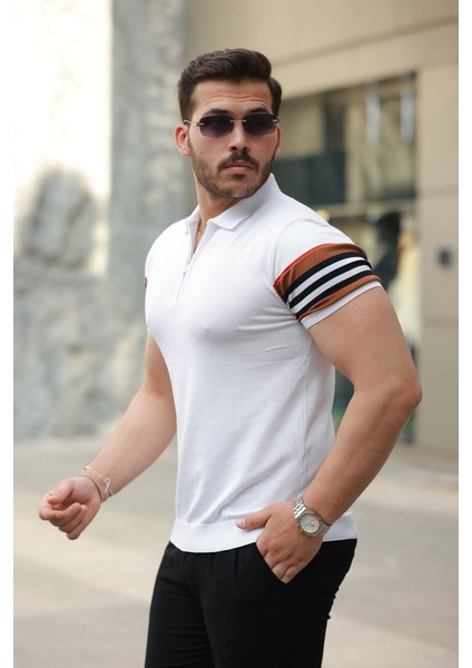 Erkek Fermuar Yakalı Kolları Desenli Kısa Kollu Tişört fiyatları