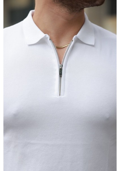 Erkek Fermuar Yakalı Kolları Desenli Kısa Kollu Tişört modelleri