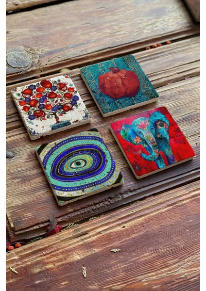 4'lü Taş Bardak Altlığı Seti, Nar Ağacı, Fil ve Nazar Göz Detaylarıyla Şık ve Doğal fiyatları