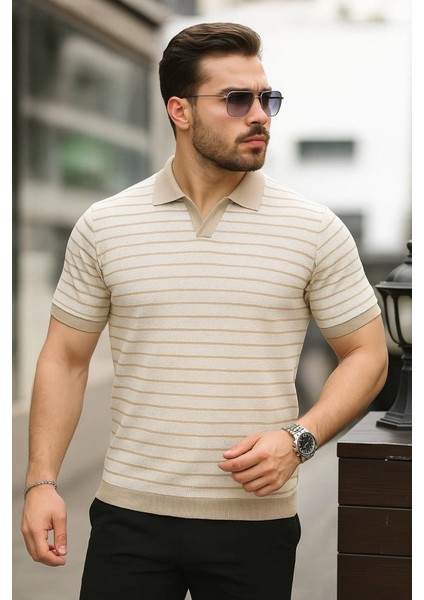 Erkek Kısa Kollu Çizgi Desenli Örme Kumaş Tshirt