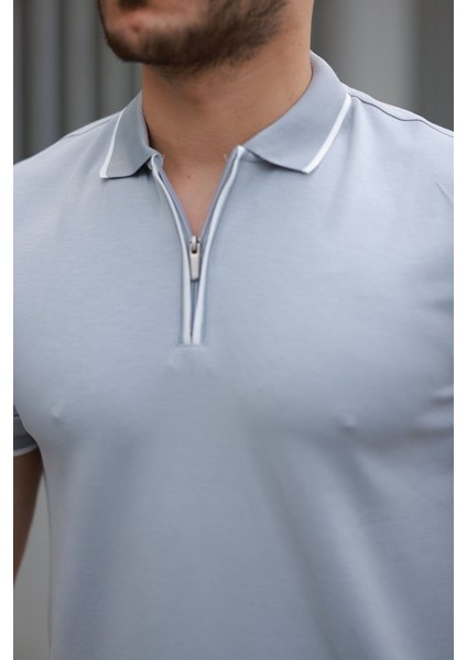 Erkek Fermuar Yakalı Çizgi Detaylı Kısa Kollu Tişört modelleri