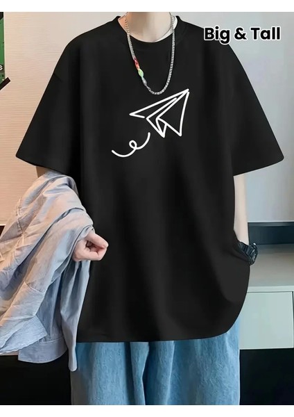 Baskılı Oversize Bisiklet Yaka T-Shirt - Siyah