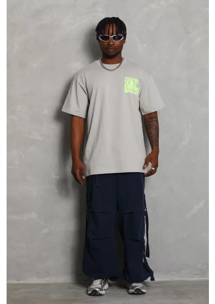 Unisex Oversize Baskılı Bisiklet Yaka T-Shirt - Gri modelleri