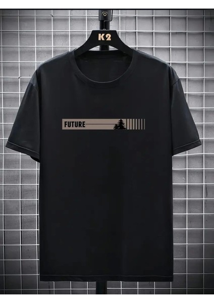 Baskılı Oversize Bisiklet Yaka T-Shirt - Siyah