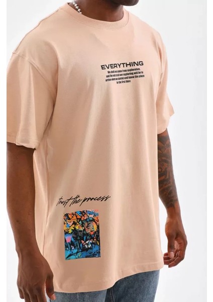 Unisex Bisiklet Yaka Baskılı Oversize T-Shirt - Bej fiyatları