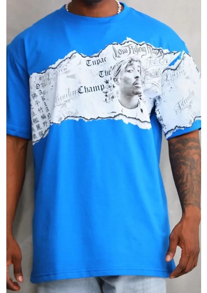 Unisex Bisiklet Yaka Baskılı Oversize T-Shirt - Mavi