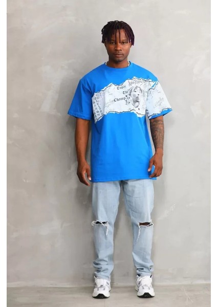 Unisex Bisiklet Yaka Baskılı Oversize T-Shirt - Mavi modelleri