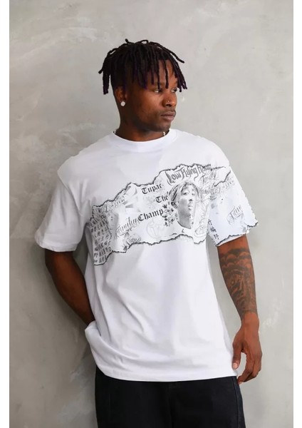 Unisex Bisiklet Yaka Baskılı Oversize T-Shirt - Beyaz