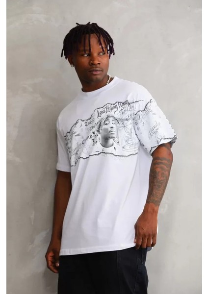 Unisex Bisiklet Yaka Baskılı Oversize T-Shirt - Beyaz fiyatları