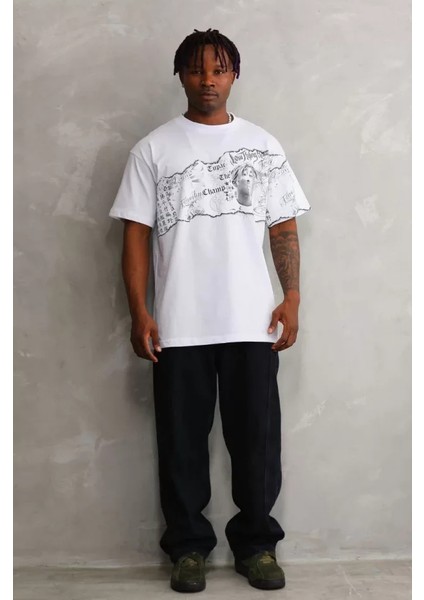 Unisex Bisiklet Yaka Baskılı Oversize T-Shirt - Beyaz fırsatları